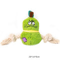Green and purple plush rope knot dog toy for tug of war and dental care.
