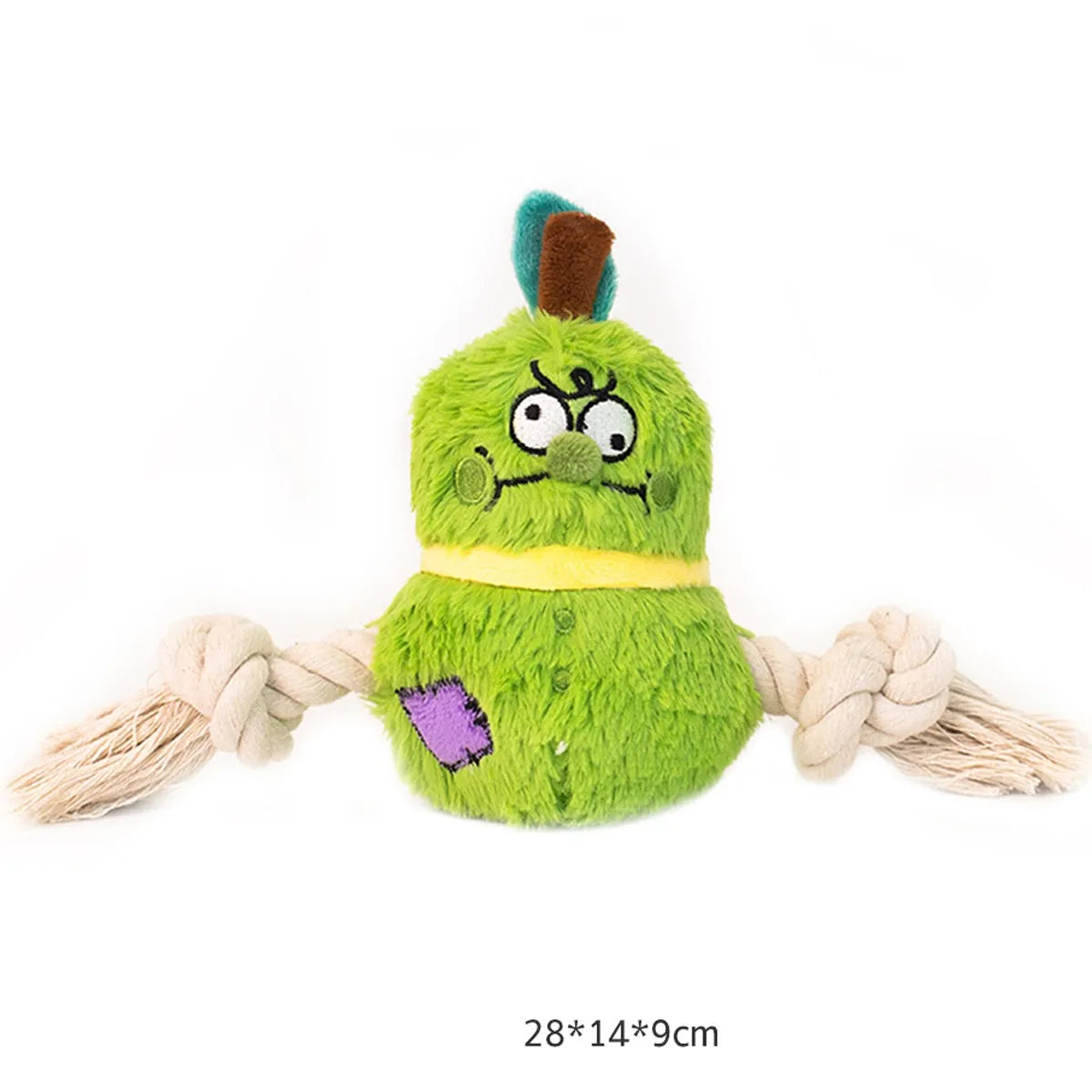 Green and purple plush rope knot dog toy for tug of war and dental care.