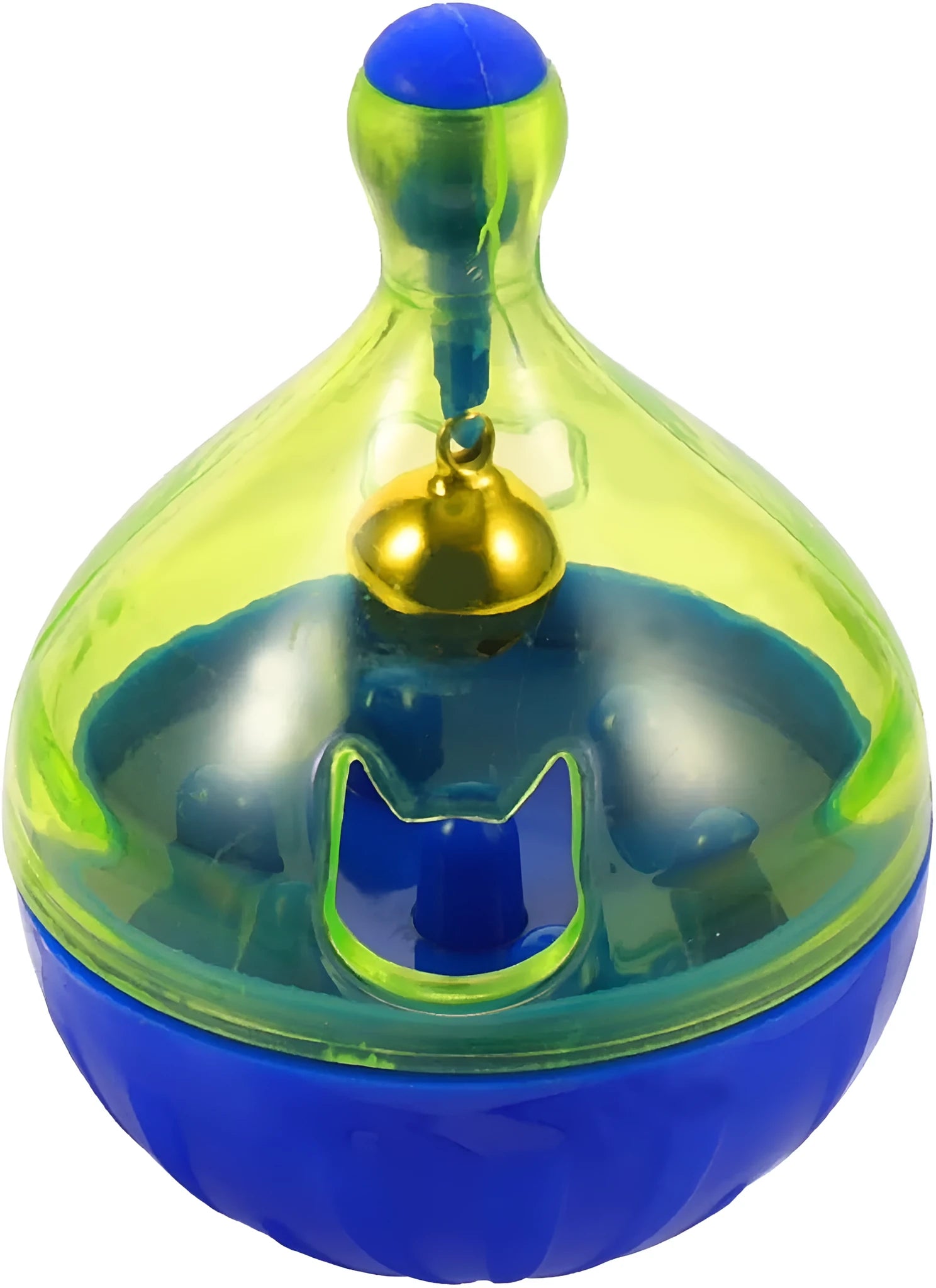 Blue tumbler-shaped pet treat dispenser toy for dogs and cats on wooden floor