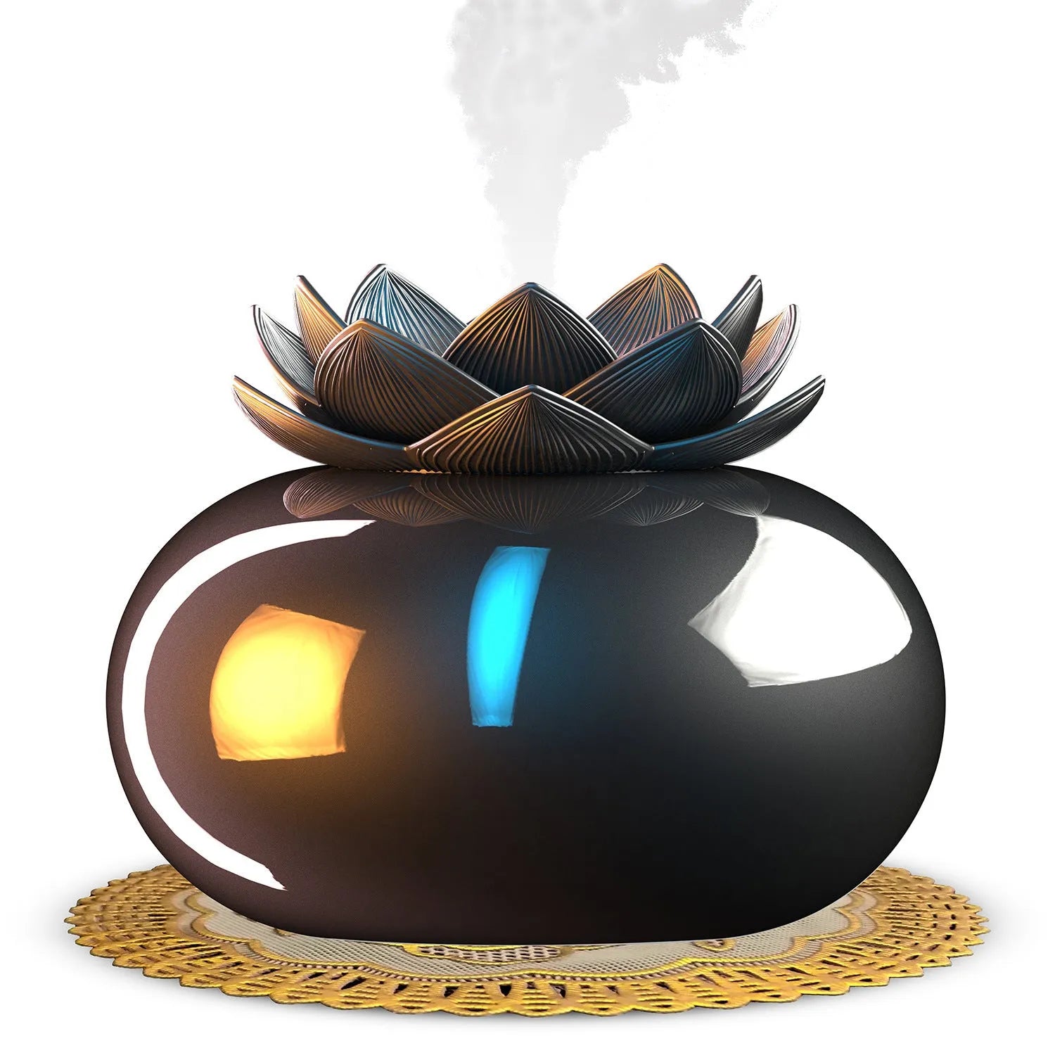 Pure black Lotus ultrasonic aromatherapy humidifier with round shape and USB cable.
