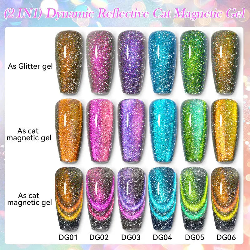 Diamond in the Debris Cat Eye Series nail polish gel bottles in six colours with glitter and fragment texture