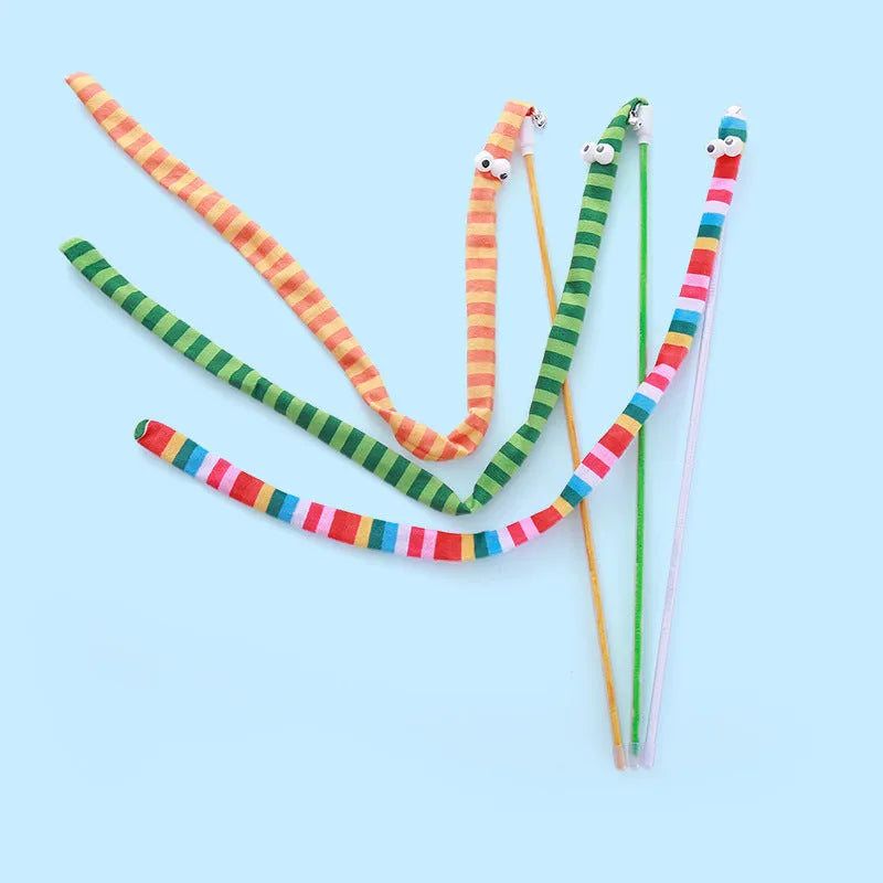 Colourful cat wand toy with a long plush strip teaser and bell, held by a polycarbonate handle.