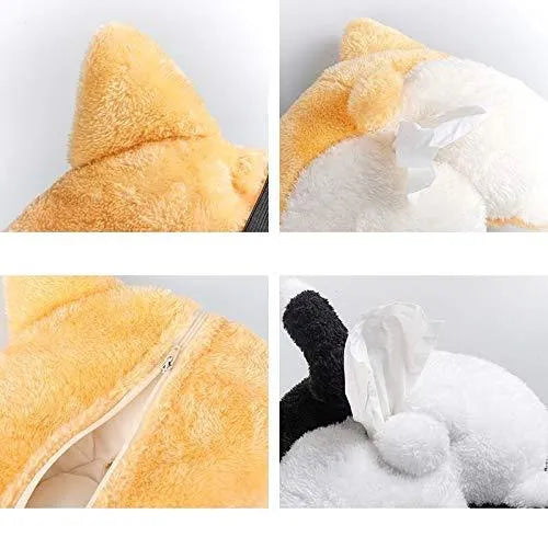 Yellow corgi butt-shaped car tissue box holder mounted on sun visor with elastic backing