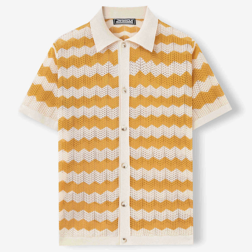 Men's blue short sleeve sweater with textured hollow jacquard corrugated pattern