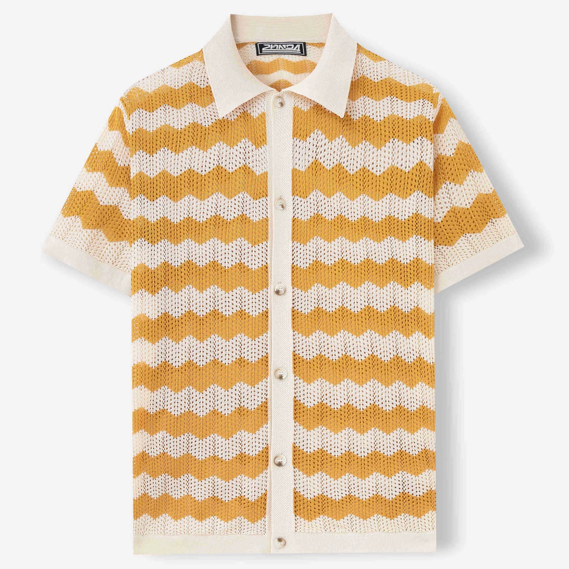 Men's blue short sleeve sweater with textured hollow jacquard corrugated pattern