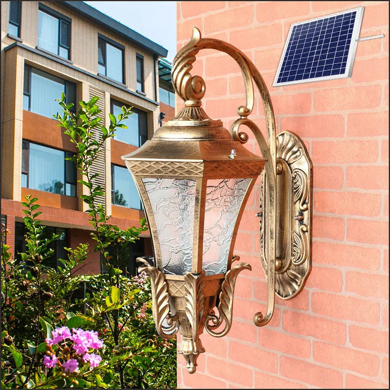 European-style black outdoor solar wall lantern with remote control for courtyard lighting