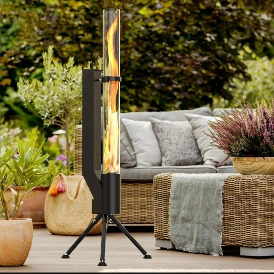 Vertical black cast iron wood burning rocket furnace for courtyard heating