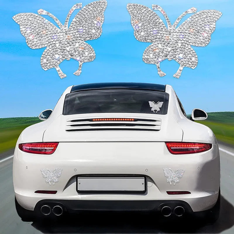 White diamond glass car sticker in butterfly or bear paw shape, 7cm by 6cm, for vehicle window decoration