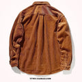 Men's caramel corduroy loose fit cardigan-style long sleeve shirt shown on hanger