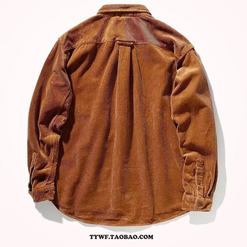 Men's caramel corduroy loose fit cardigan-style long sleeve shirt shown on hanger