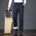 Pair of casual thermal long pants for elderly men in lamb wool black with rope closure and polyester-spandex fabric