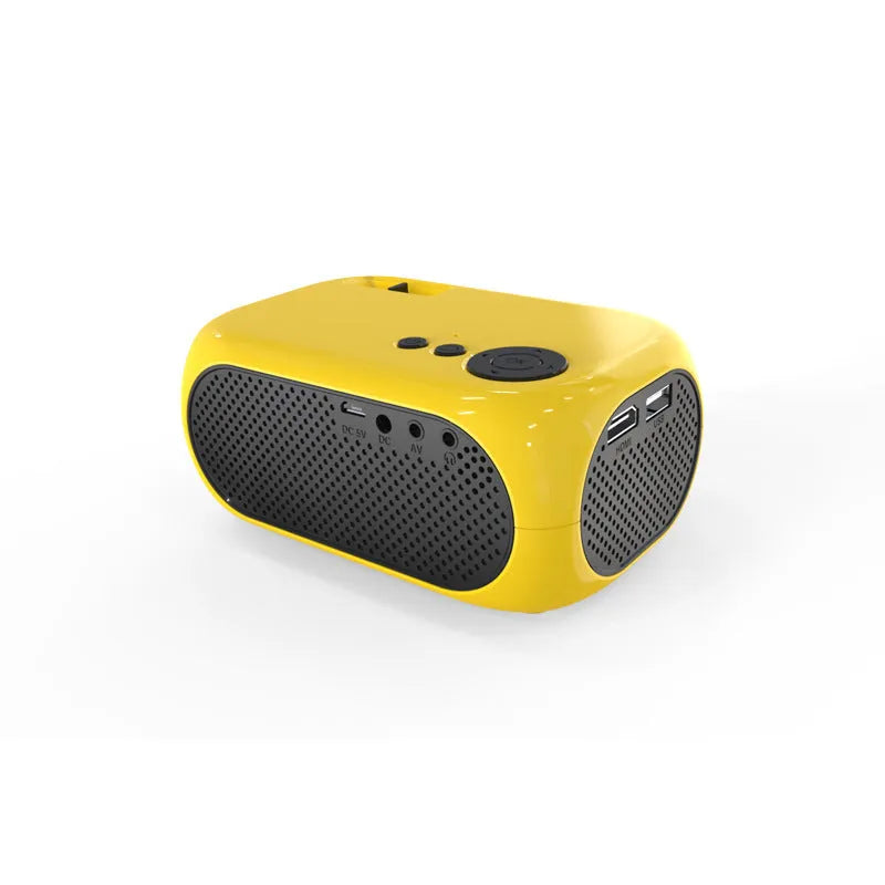 M24 gold and white micro mini portable LED projector with power adapter and AV cable on a grey background