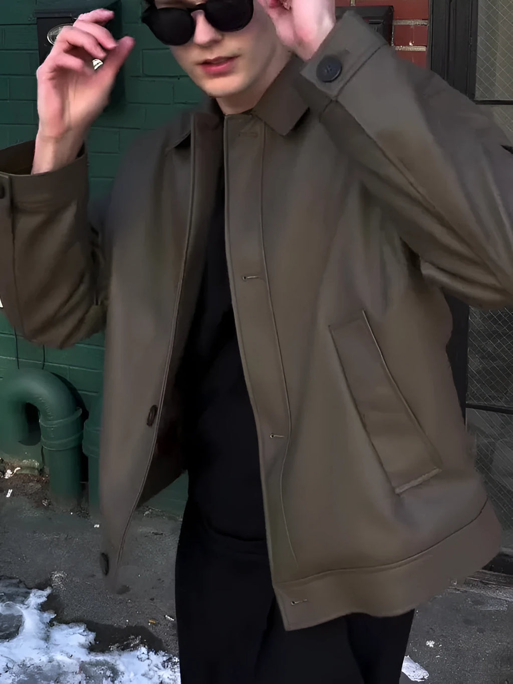 Men's casual long-sleeved leather jacket plain regular fit front view