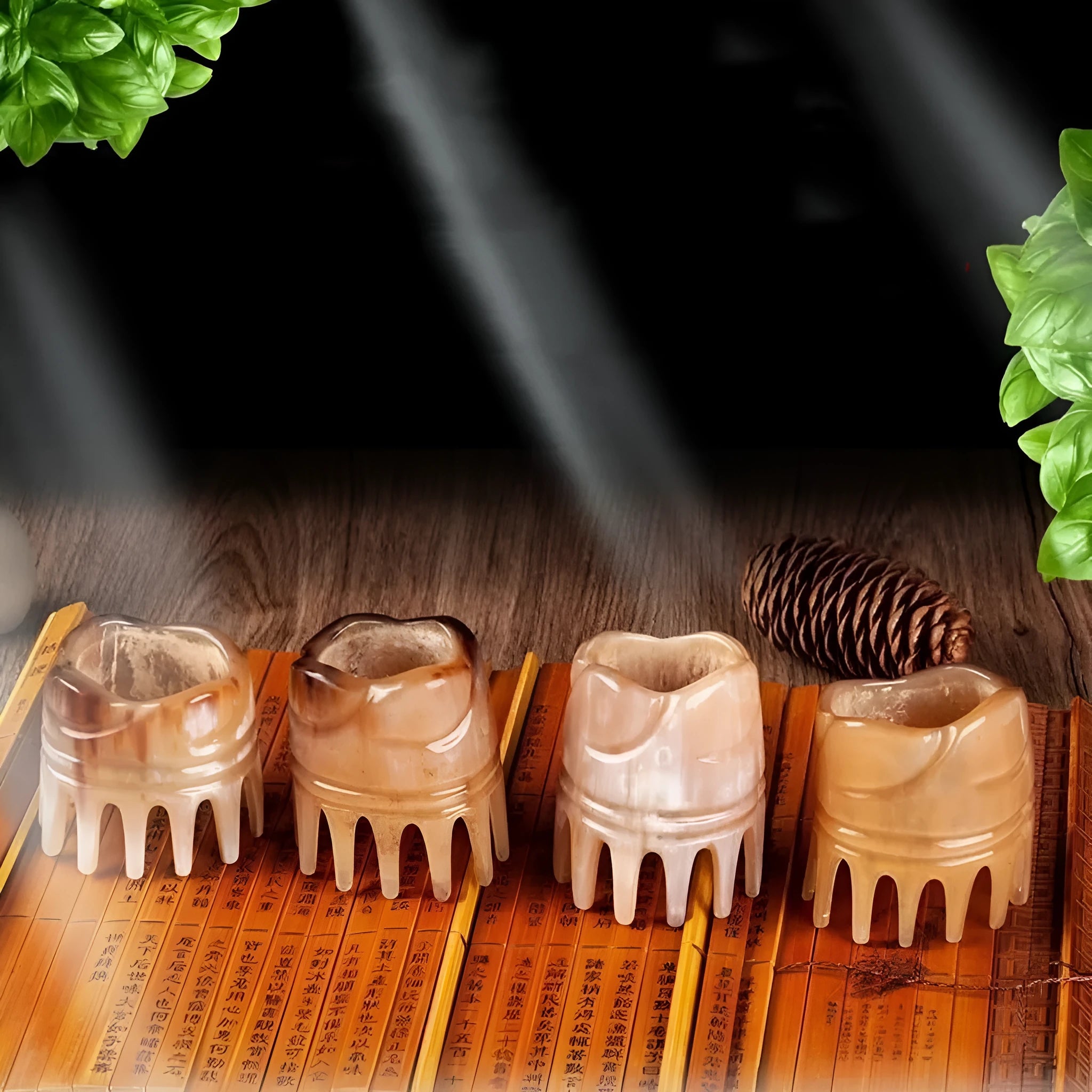 White buffalo horn meridian massage comb showing four different combing surfaces