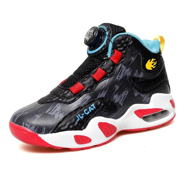 Children's rotating button closure basketball shoes in multiple colours with a PU sole.