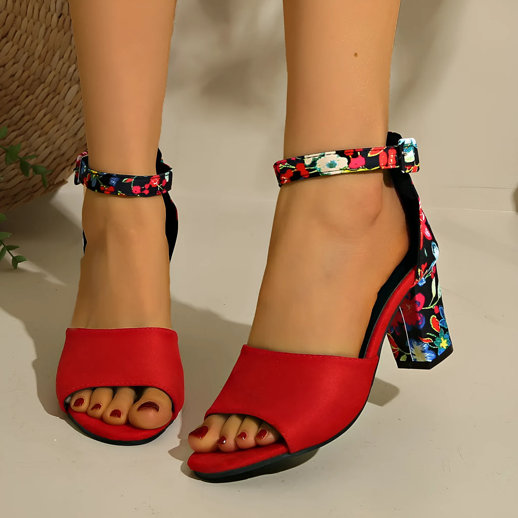 Women's round toe hollow ankle-strap buckle thick high heel sandals in black red yellow sizes 34-45