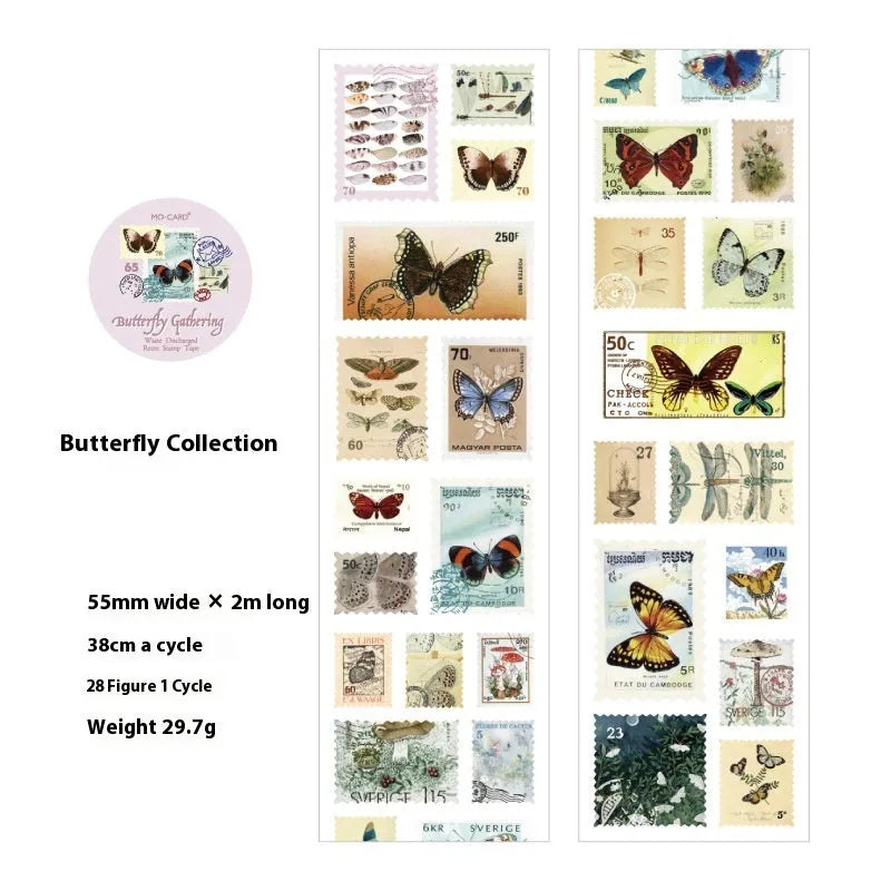 55mm wide retro journal decoration stamp roll with butterfly, forest, bird, or mushroom themed designs