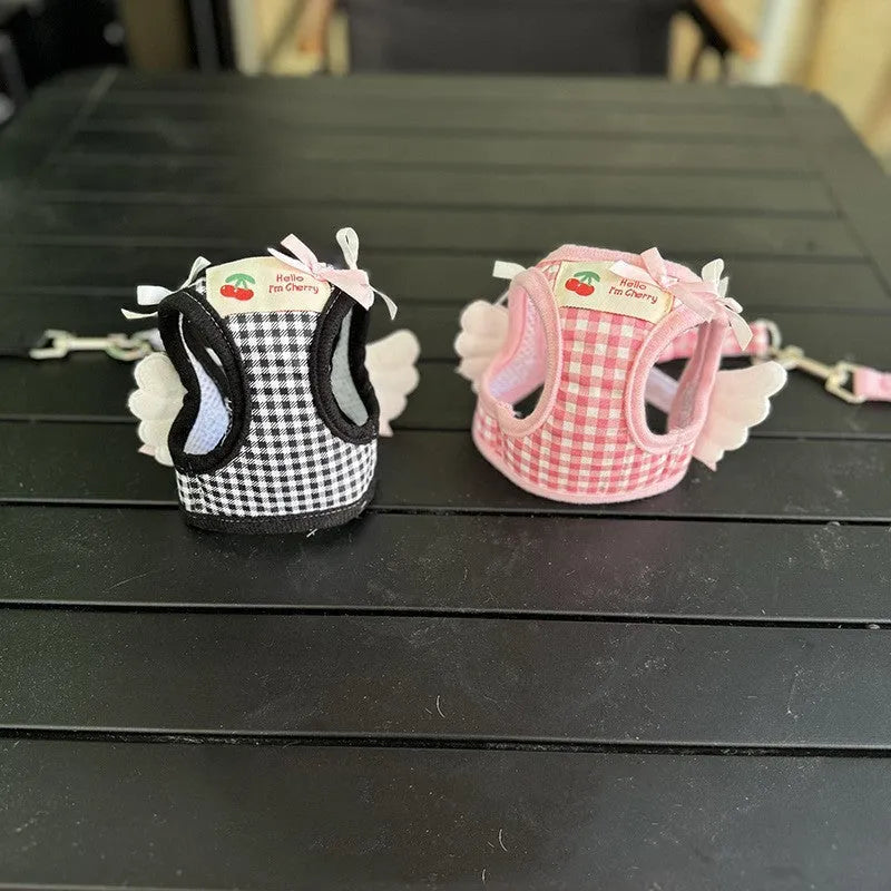 Cotton chest and back dog harness with hand-holding rope in pink and black colours