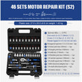 Chromium vanadium steel socket ratchet wrench set with ratchet handle and assorted sockets for repair.