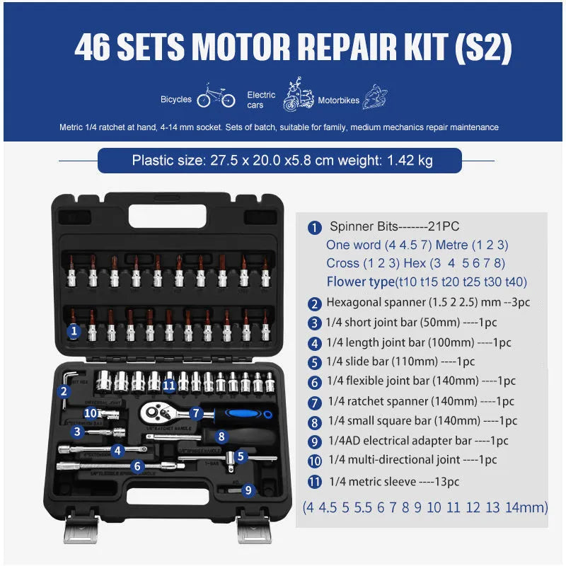 Chromium vanadium steel socket ratchet wrench set with ratchet handle and assorted sockets for repair.