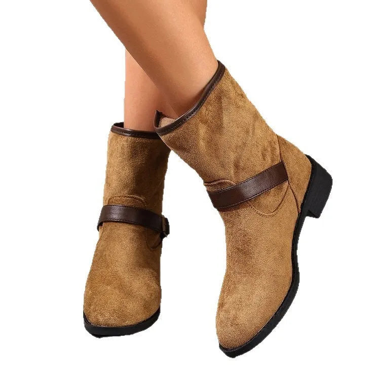 Women's casual metal buckle slip-on Martin boots, pointed toe, low shaft, rubber sole, khaki colour