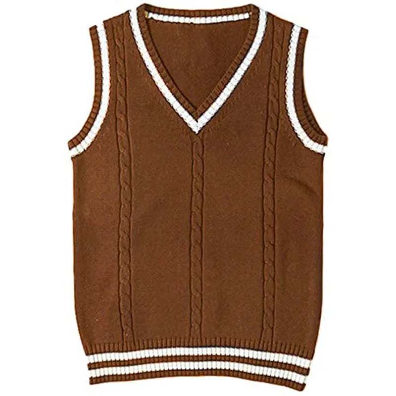 Women's V-neck striped knitted waistcoat sweater in acrylic fibre fabric available in multiple colours