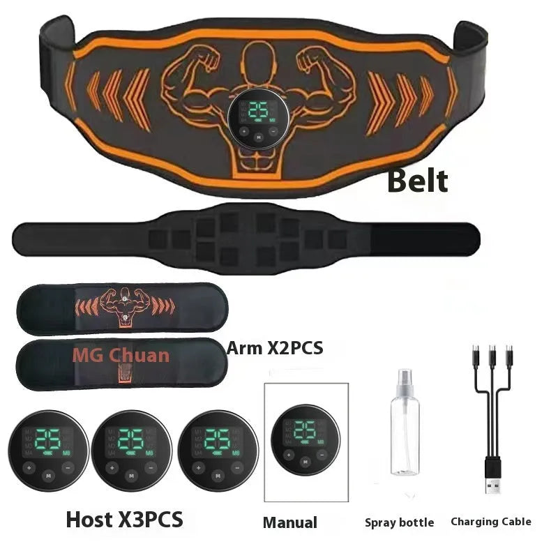 Rechargeable EMS smart massage belt and host unit in blue or orange with arm stickers