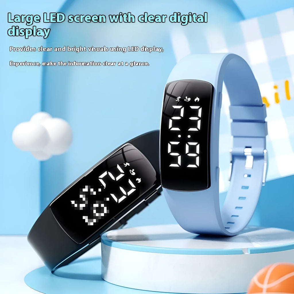 Vibration alarm smart watch with coloured silicone strap and LED display on wrist