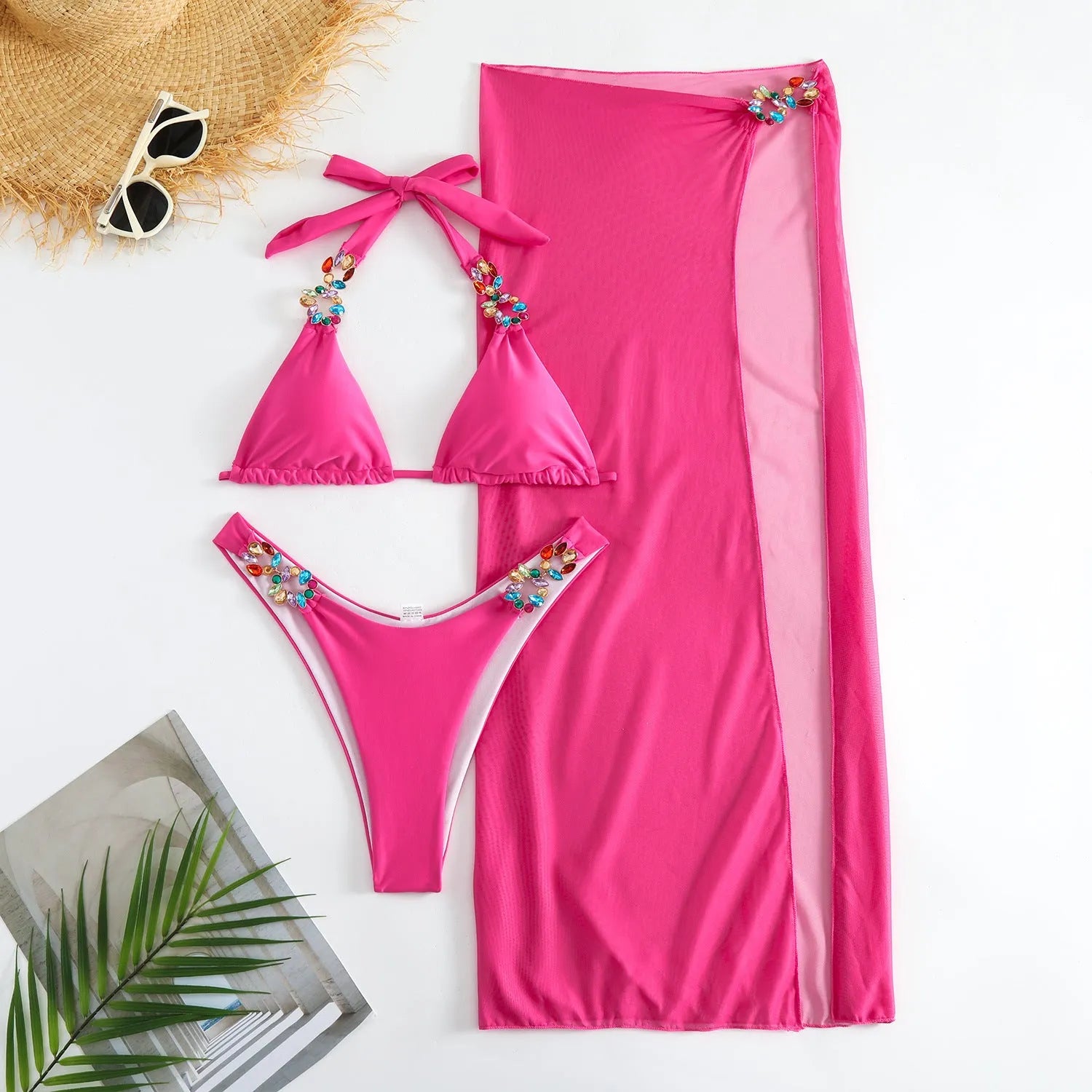 Light Diamond women's three-piece swimsuit with mesh overlay skirt in solid colour