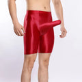 Plus size men's shiny silky nylon sports shorts shown in multiple colours including black, red, and fluorescent green