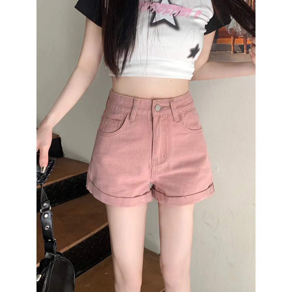 Hong Kong style denim shorts for women high waist loose fit cotton black color