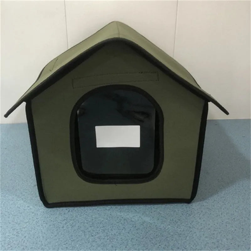 Outdoor waterproof dog kennel in army green chemical fibre, size L, with optional door curtain