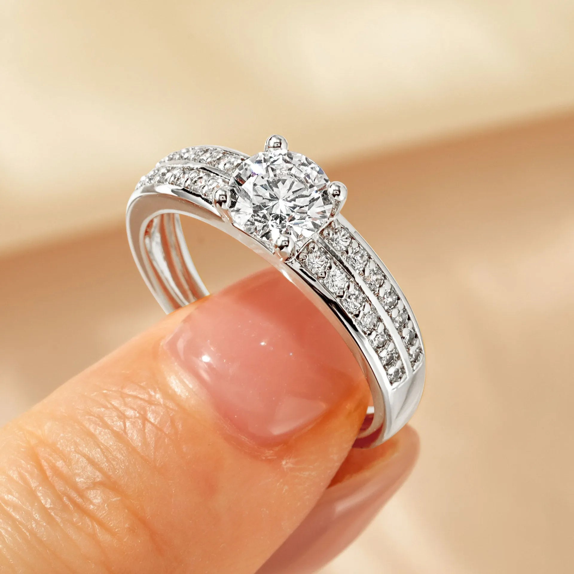 Women's luxury zircon ring with copper electroplating in heart, split arm, and star diamond designs