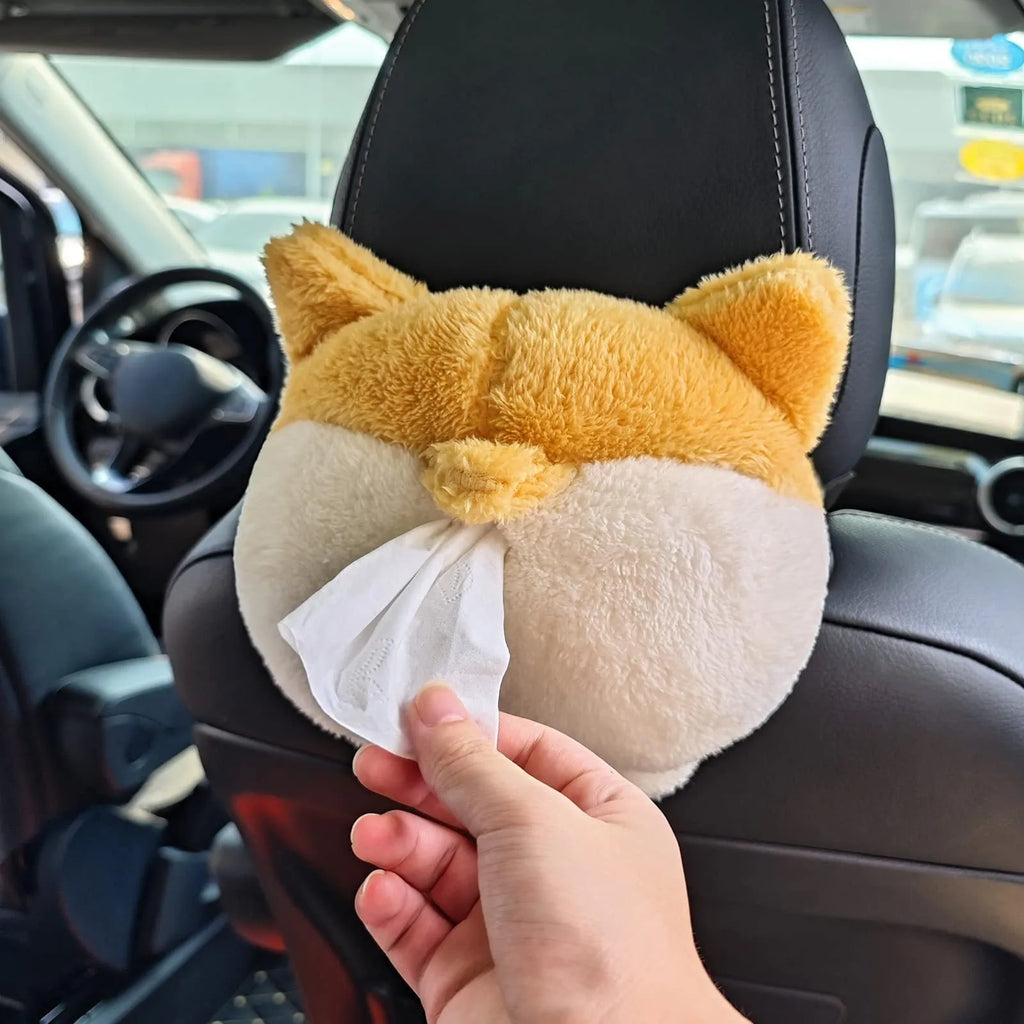 Yellow corgi butt-shaped car tissue box holder mounted on sun visor with elastic backing