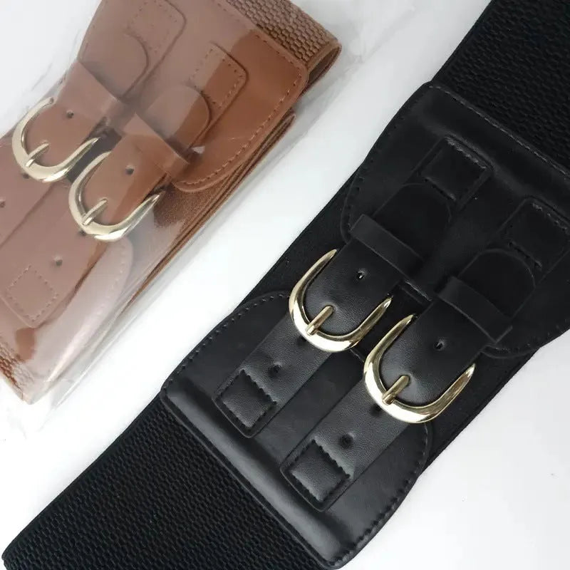 Women's wide black synthetic leather elastic waistband with single loop, adjustable 60-80 cm, on a white background