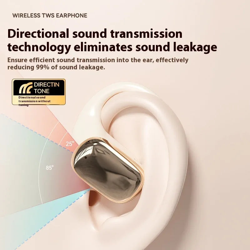 Ear-mounted wireless headphones with a digital display screen on the earpiece.