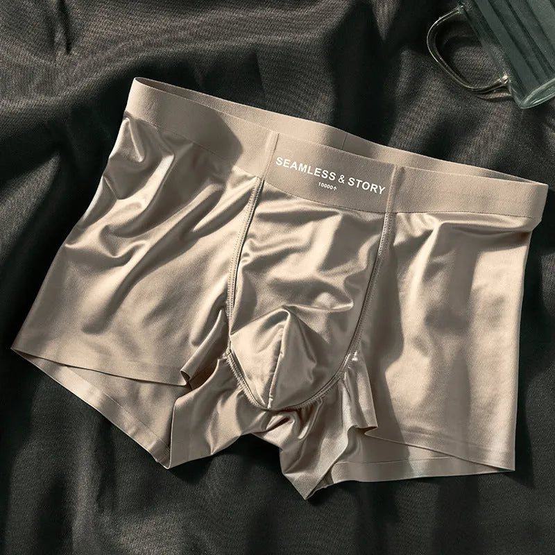 Men's ice silk underwear set in blue colour showing mid waist design and smooth satin fabric