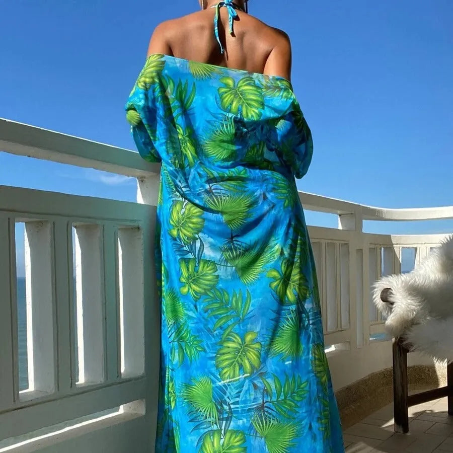 Women's floral print banded bikini set with long sleeve robe cover-up in blue colour