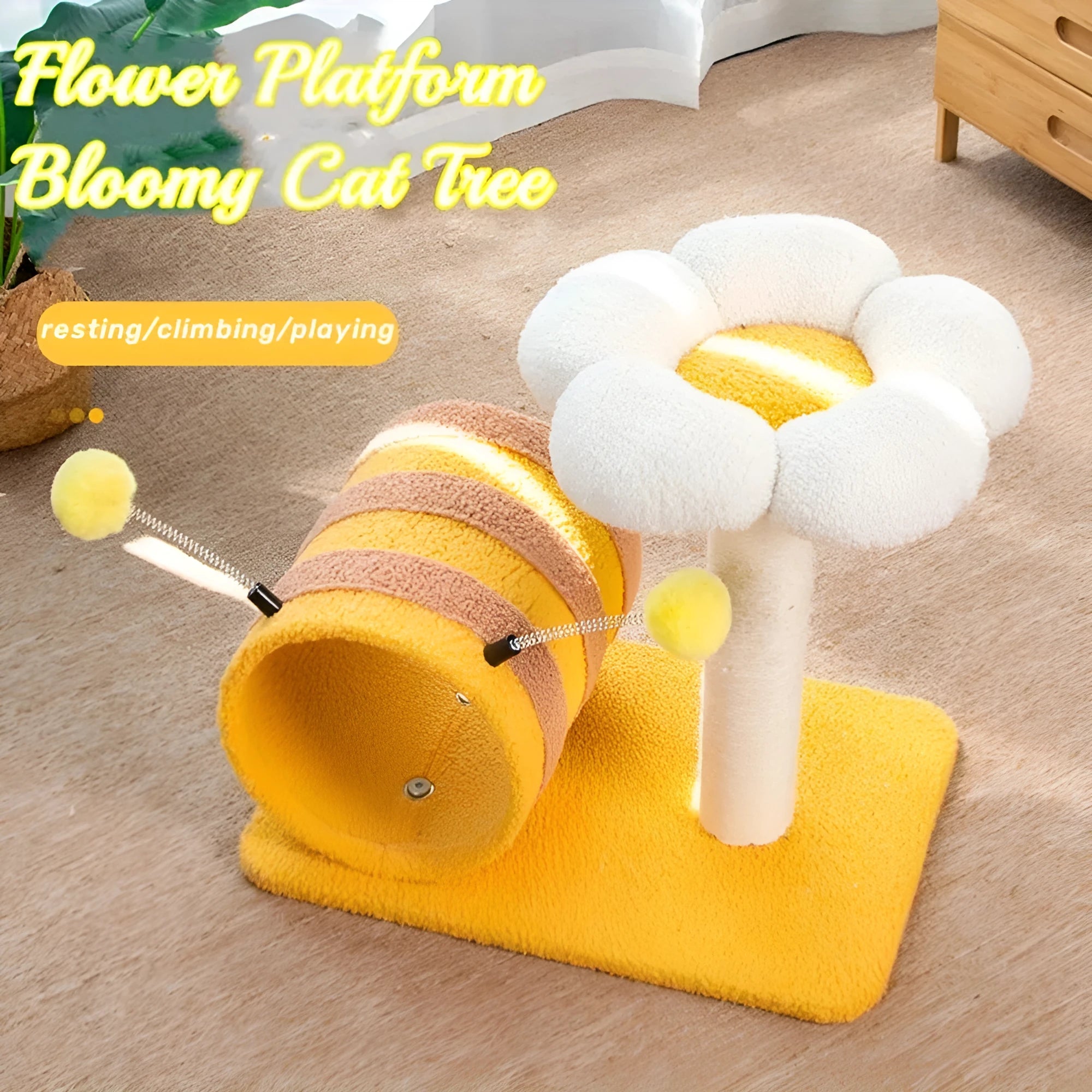 Yellow Bee cat climbing frame with sisal scratching board and tunnel, dimensions 46x36x25 cm