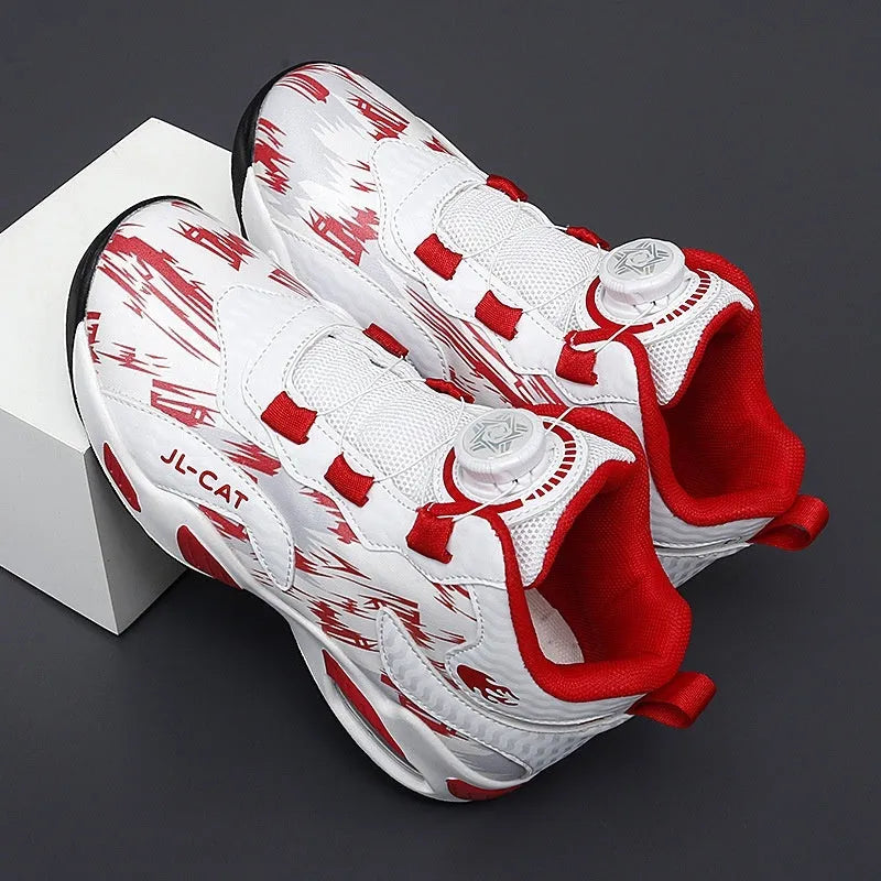 Children's rotating button closure basketball shoes in multiple colours with a PU sole.