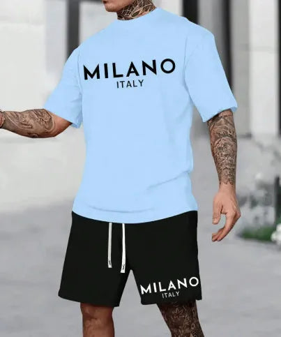 Men's round neck short sleeve polyester suit in blue with matching shorts, showing pullover style.