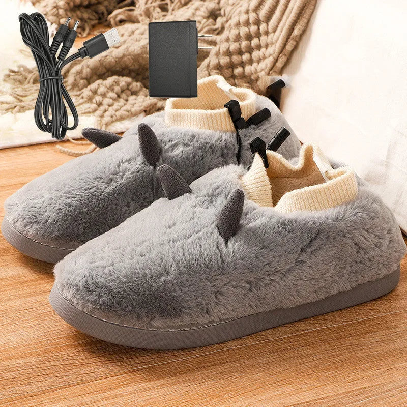 USB electric heating slippers in soft velvet, showing adjustable temperature controls and a connected USB cable.