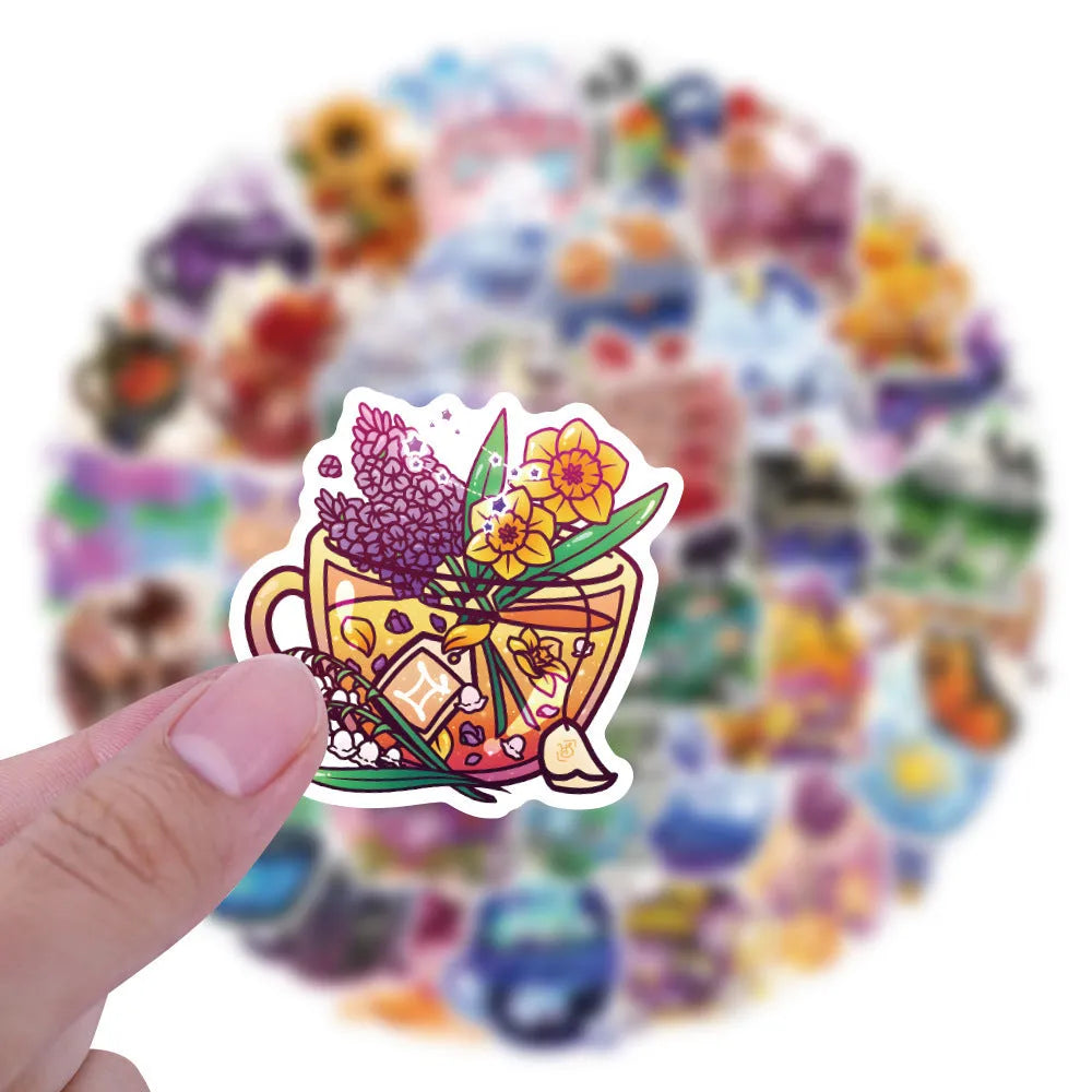 Pack of 50 colourful tea cup graffiti stickers in a Nordic style for waterproof DIY decoration.