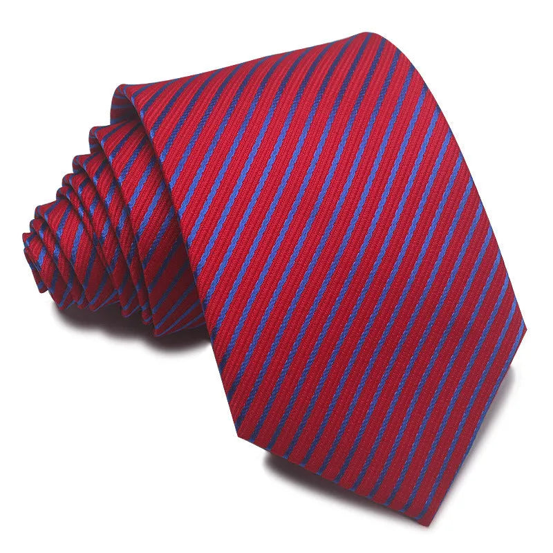 8cm wide red black and blue striped polyester jacquard business tie for men