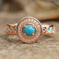 Women's turquoise ethnic style ring with oil micro inlaid zircon in rose gold geometric design
