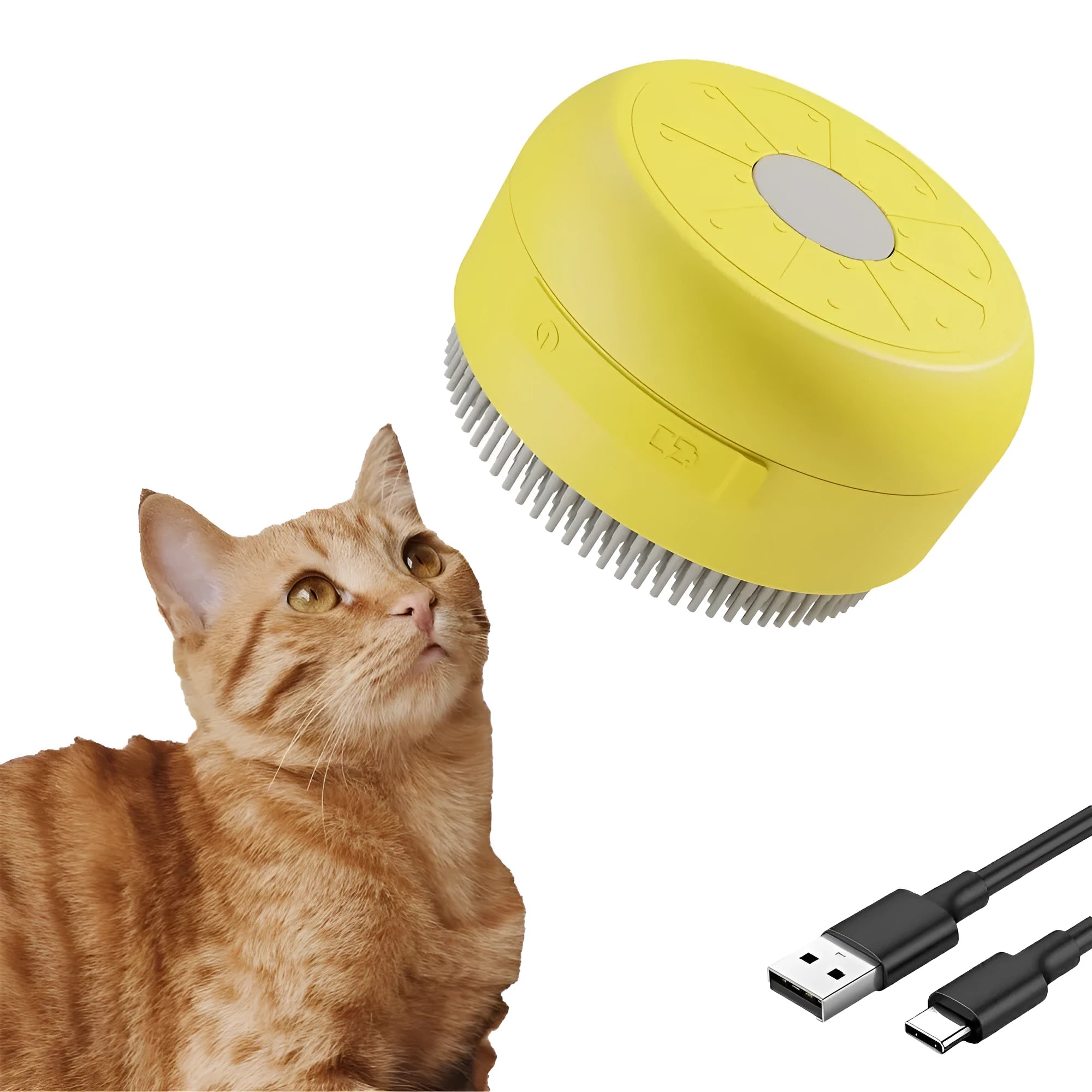 Green or yellow rechargeable cat and dog steam brush with silicone bristles and ergonomic handle.