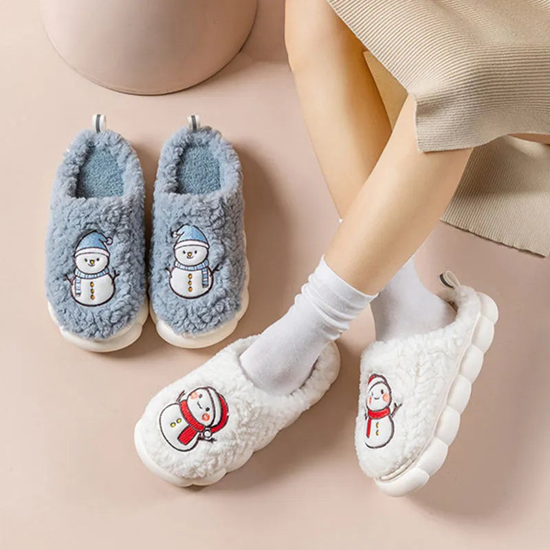 Cute snowman indoor slippers with soft plush upper and anti-slip sole, available in multiple colours