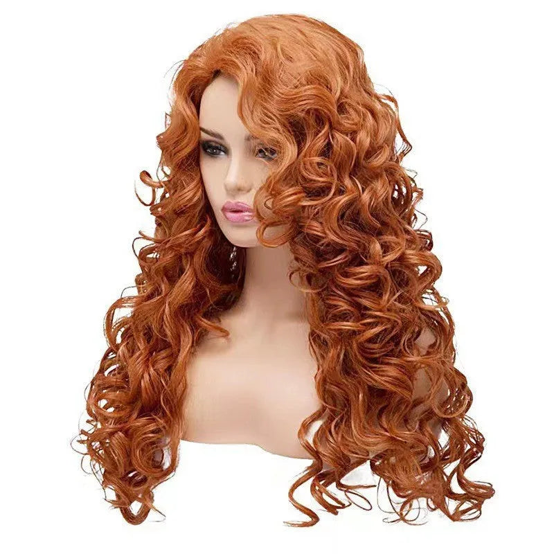 Brown long wavy curly costume wig on display head for Halloween and cosplay