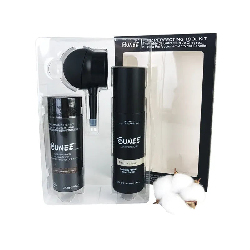 Dense Hair Fibre 275g kit with powder canister, shaping spray bottle and application nozzle.