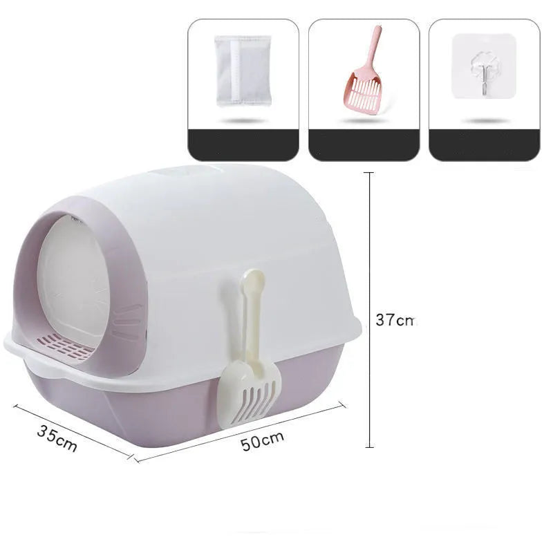 Elevated semi-closed cat litter box with flip cover in grey purple, includes shovel and deodorant bag